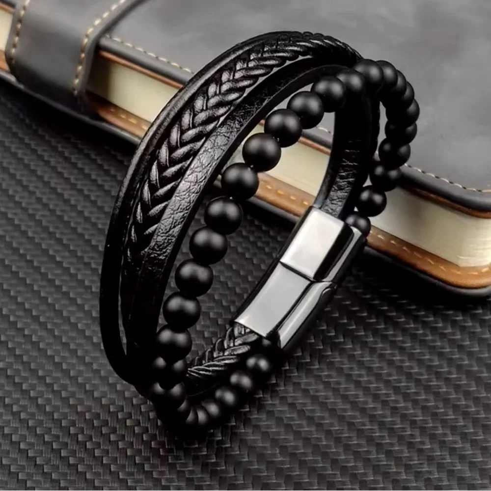 Men’s Multi layer Leather Stainless Steel Bracelet 9”